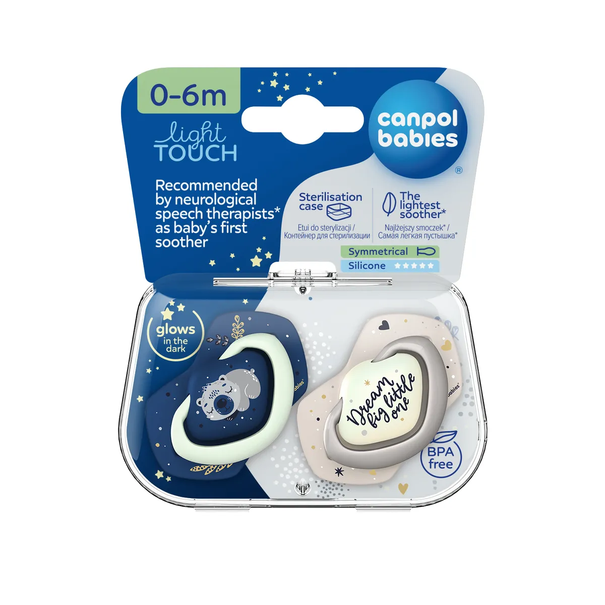 Canpol Sleepy Koala соска-пустышка силиконовая симметричная для новорожденных 0-6 месяцев светящаяся в темноте голубая