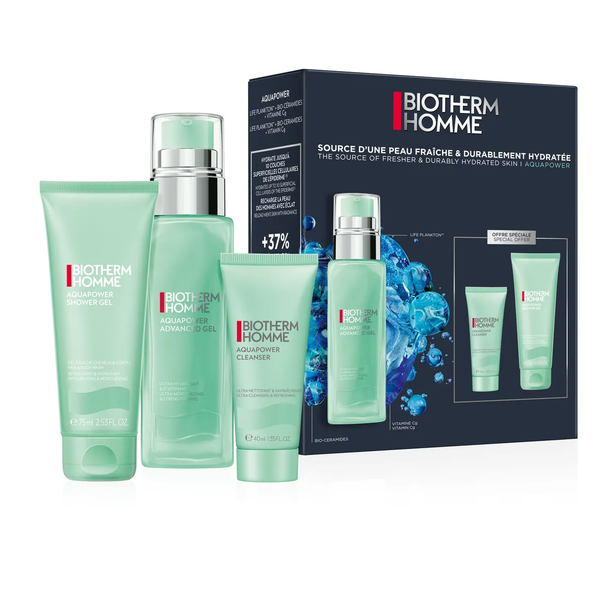 Biotherm Homme Aquapower Advanced гель для нормальной и комбинированной кожи 75 мл + Aquapower очищающий гель для лица 40 мл + Aquapower гель для душа 75 мл