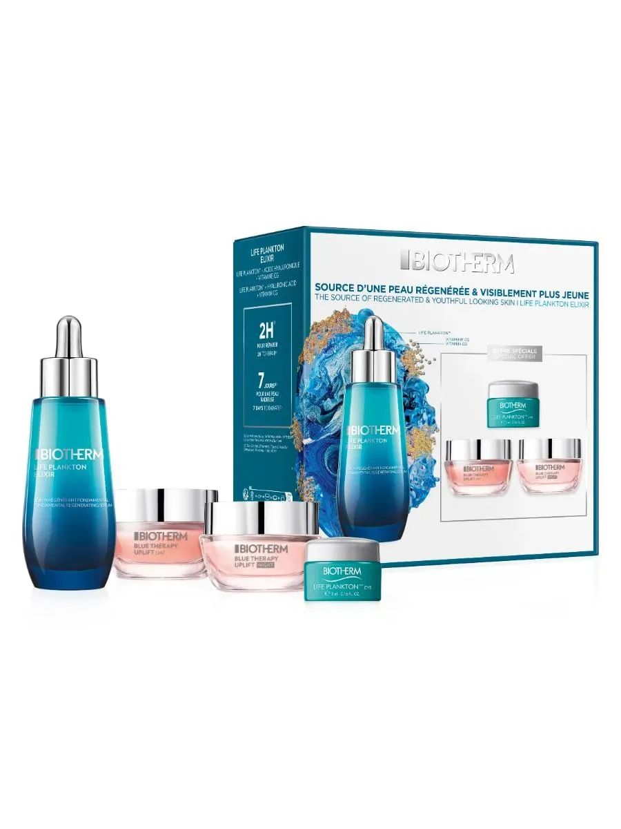 Biotherm Life Plankton набор для лица и глаз: эликсир 50 мл + крем дневной Blue Therapy 15 мл + крем ночной Blue Therapy 15 мл + крем-гель Life Plankton для кожи вокруг глаз 5 мл