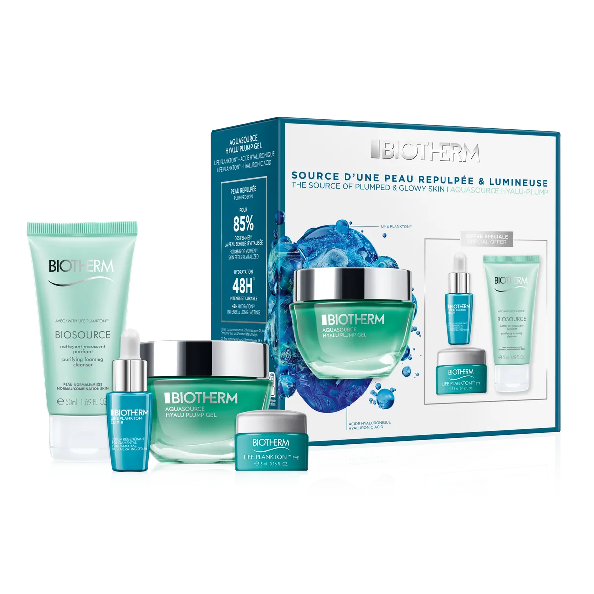 Biotherm Набор Aquasource Hyalu Plump гель 50 мл + Life Plankton эликсир 7 мл + Biosource Очищающая пенка 50 мл + Life Plankton крем-гель для кожи вокруг глаз 5 мл